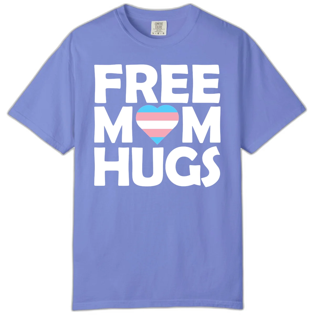 Free mom hugs pride design with striped heart in trans flag colors (blue, pink, white) and bold block lettering in Flo Blue