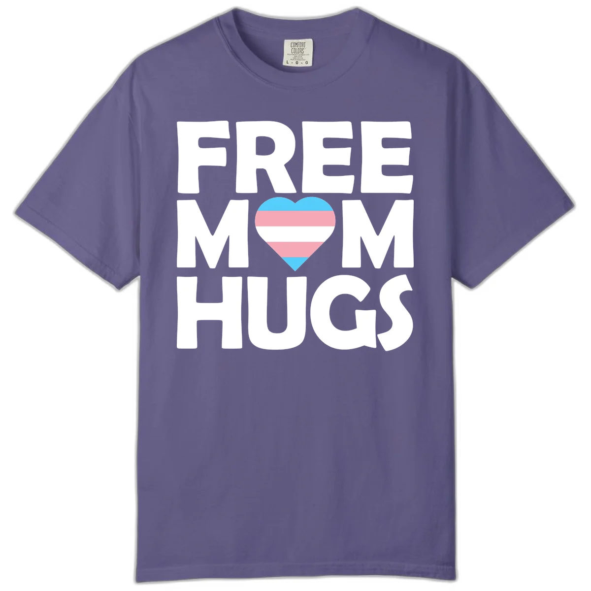 Free mom hugs pride design with striped heart in trans flag colors (blue, pink, white) and bold block lettering in Grape