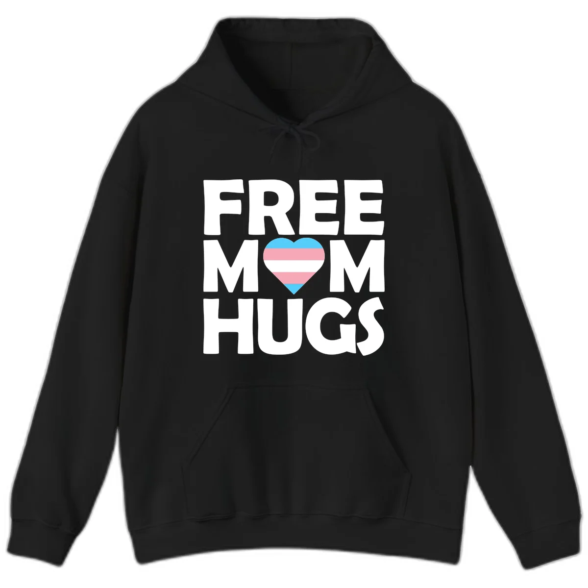 Free mom hugs pride design with striped heart in trans flag colors (blue, pink, white) and bold block lettering in Black