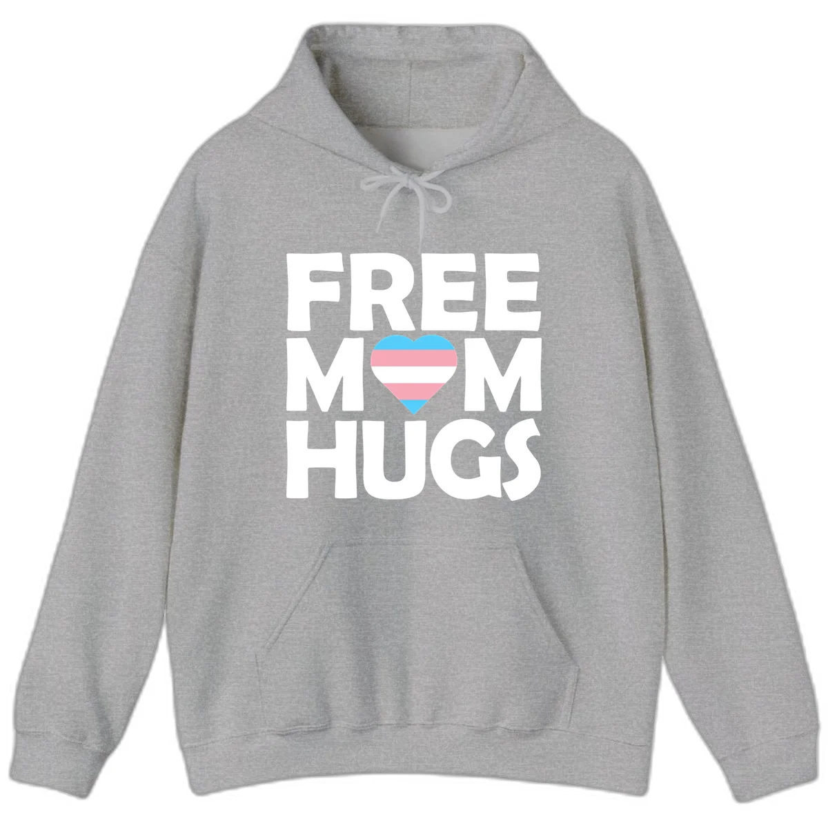 Free mom hugs pride design with striped heart in trans flag colors (blue, pink, white) and bold block lettering in Sport Grey