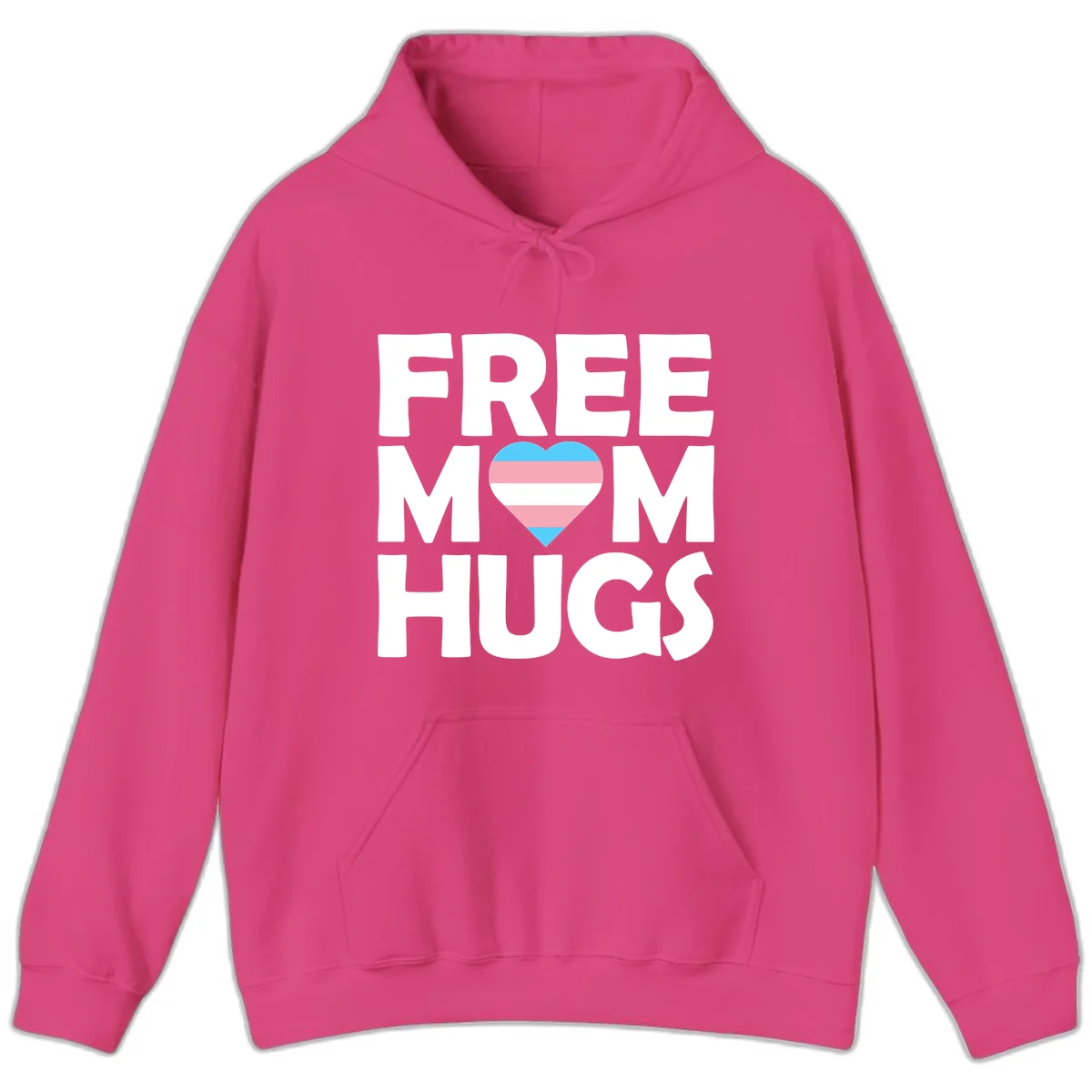 Free mom hugs pride design with striped heart in trans flag colors (blue, pink, white) and bold block lettering in Heliconia