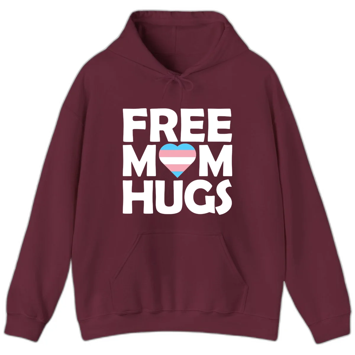 Free mom hugs pride design with striped heart in trans flag colors (blue, pink, white) and bold block lettering in Maroon