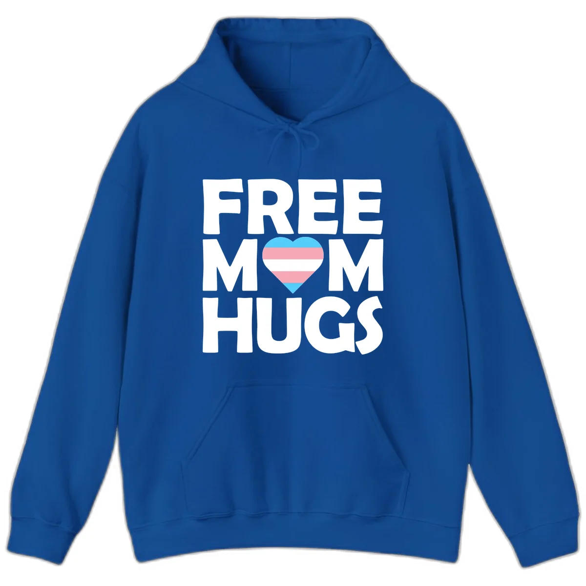 Free mom hugs pride design with striped heart in trans flag colors (blue, pink, white) and bold block lettering in Royal