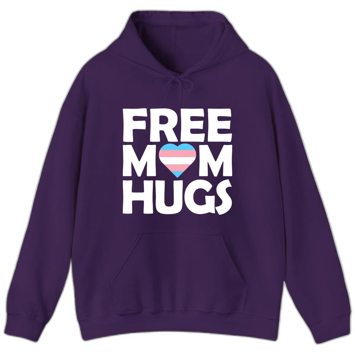 Free mom hugs pride design with striped heart in trans flag colors (blue, pink, white) and bold block lettering in Purple