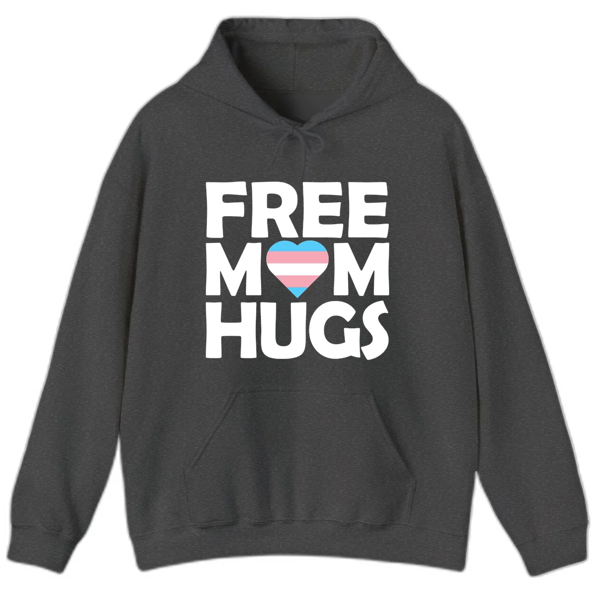 Free mom hugs pride design with striped heart in trans flag colors (blue, pink, white) and bold block lettering in Dark Heather