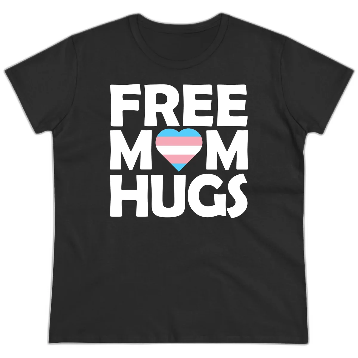 Free mom hugs pride design with striped heart in trans flag colors (blue, pink, white) and bold block lettering in Black