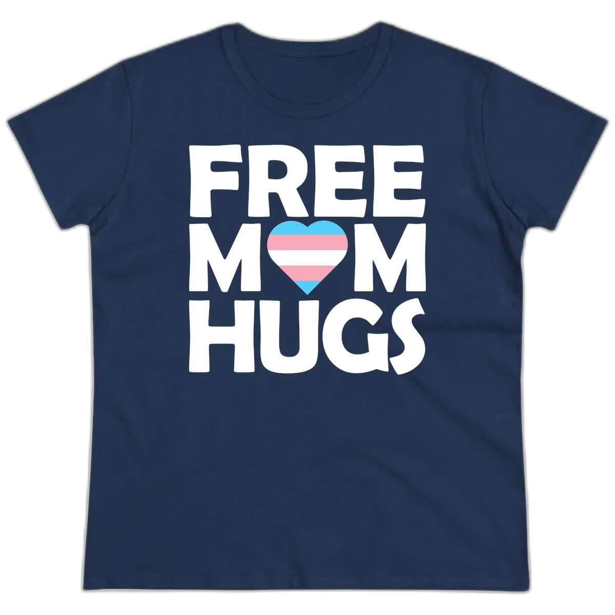Free mom hugs pride design with striped heart in trans flag colors (blue, pink, white) and bold block lettering in Navy