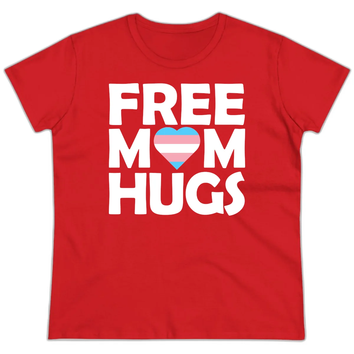 Free mom hugs pride design with striped heart in trans flag colors (blue, pink, white) and bold block lettering in Red
