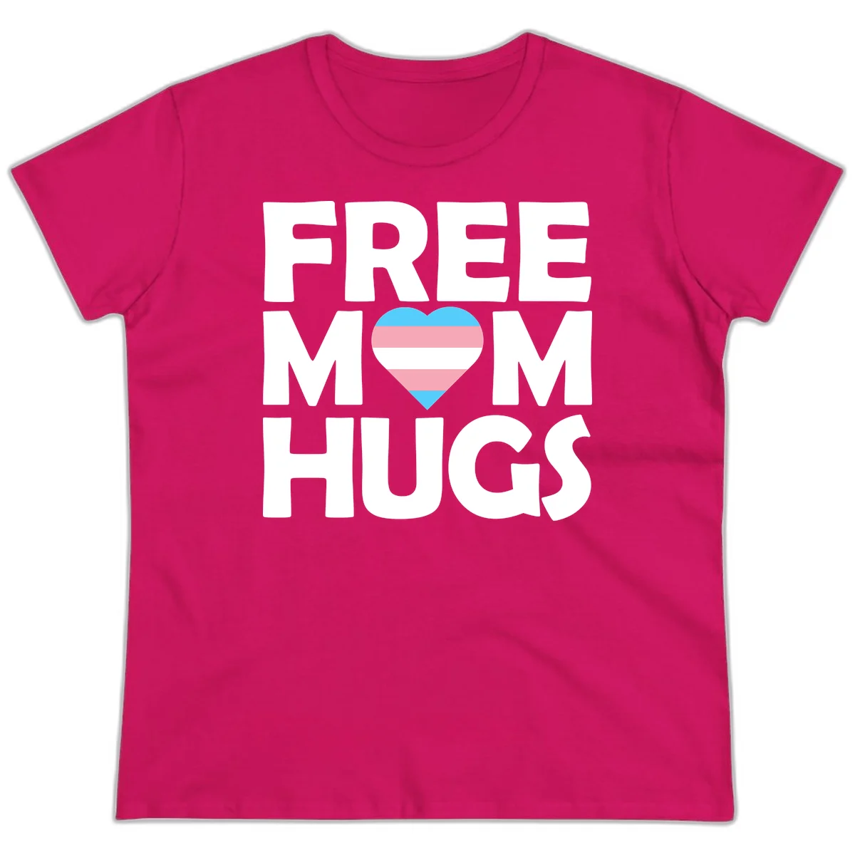 Free mom hugs pride design with striped heart in trans flag colors (blue, pink, white) and bold block lettering in Heliconia
