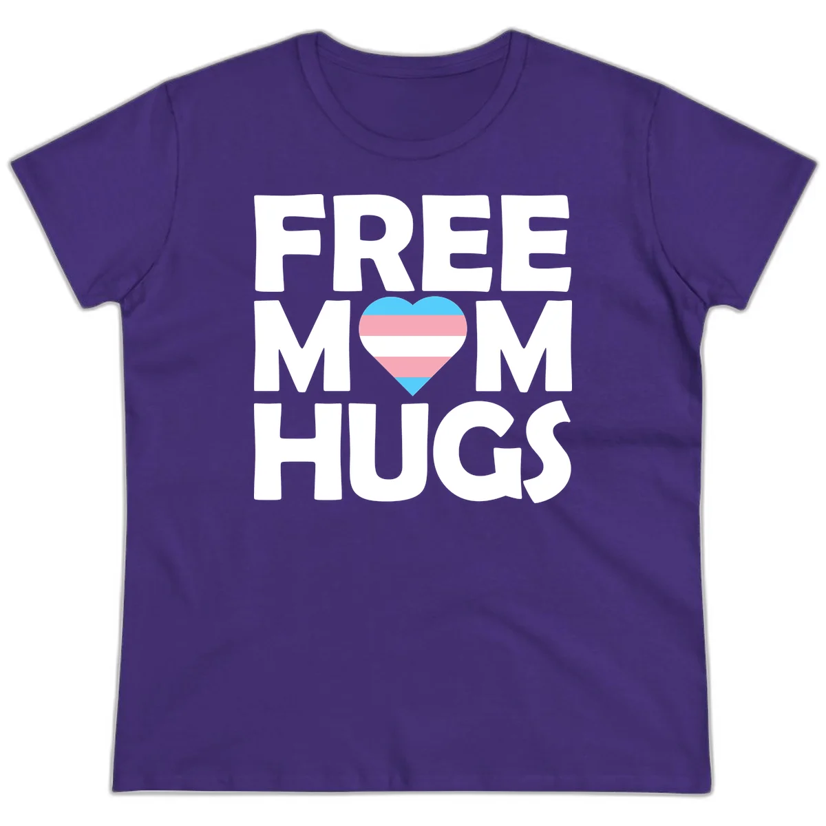 Free mom hugs pride design with striped heart in trans flag colors (blue, pink, white) and bold block lettering in Purple