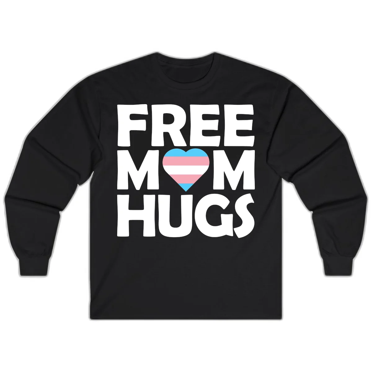 Free mom hugs pride design with striped heart in trans flag colors (blue, pink, white) and bold block lettering in Black