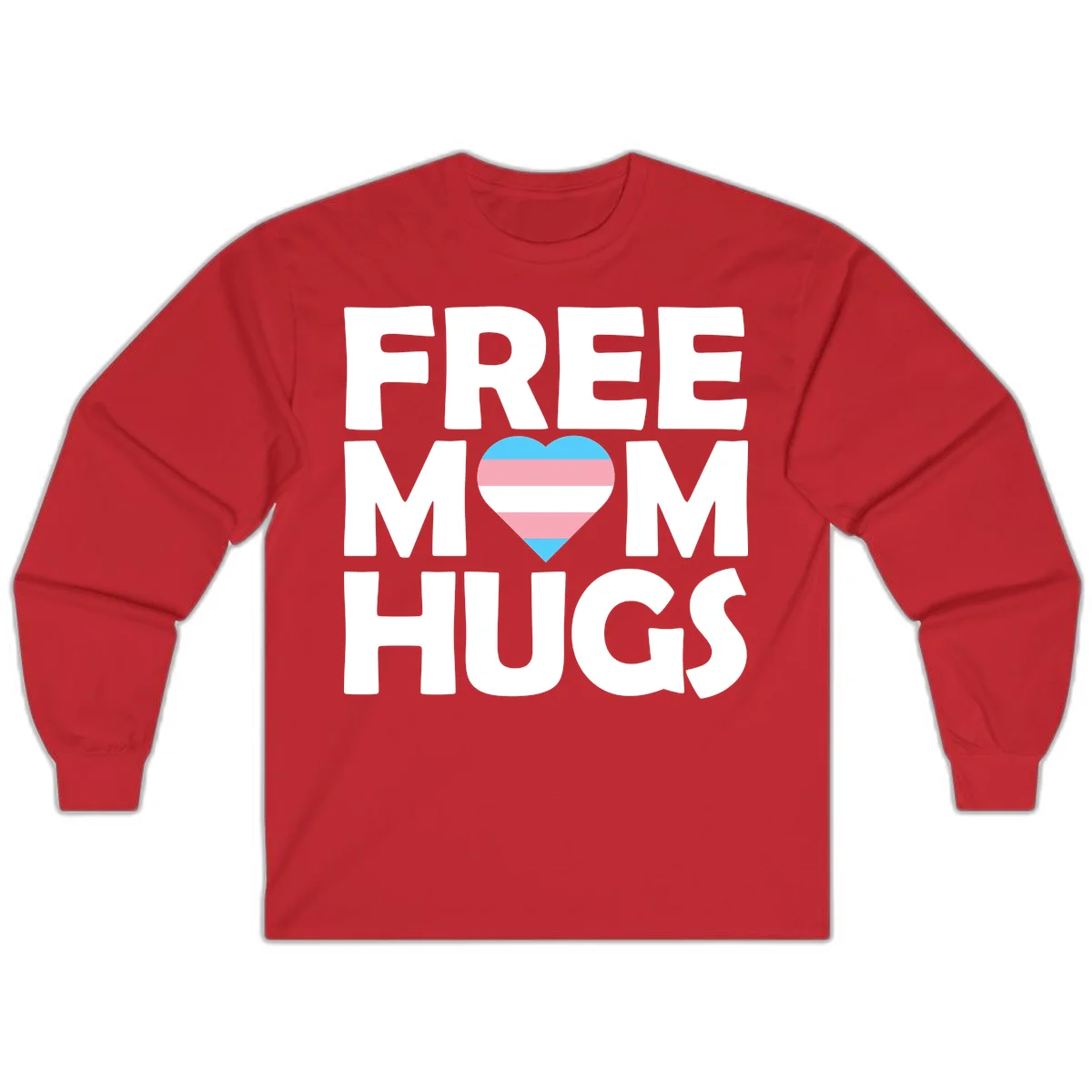 Free mom hugs pride design with striped heart in trans flag colors (blue, pink, white) and bold block lettering in Red