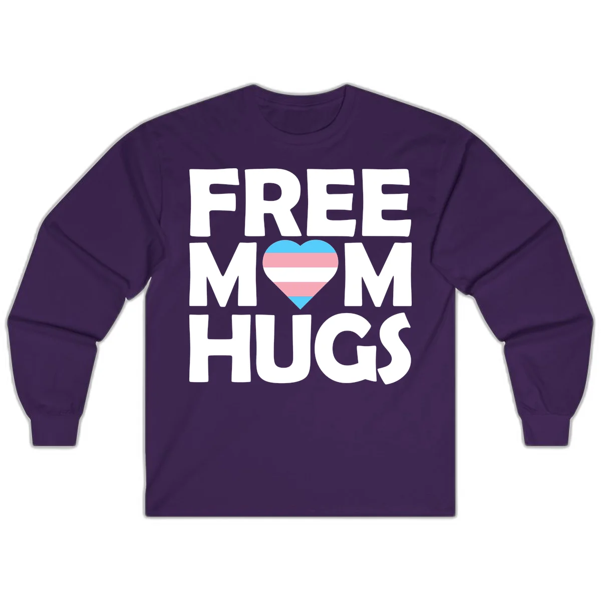Free mom hugs pride design with striped heart in trans flag colors (blue, pink, white) and bold block lettering in Purple