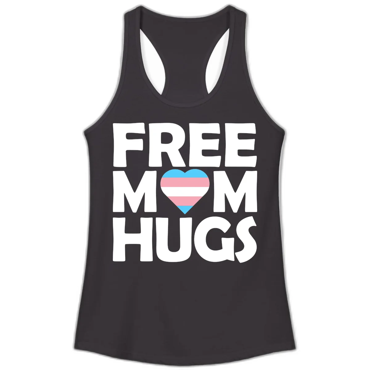 Free mom hugs pride design with striped heart in trans flag colors (blue, pink, white) and bold block lettering in Black