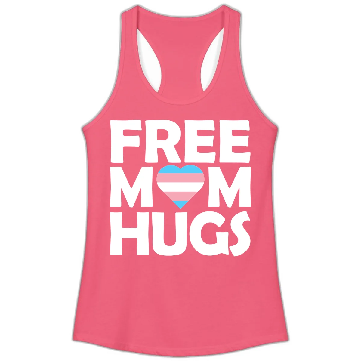 Free mom hugs pride design with striped heart in trans flag colors (blue, pink, white) and bold block lettering in Hot Pink