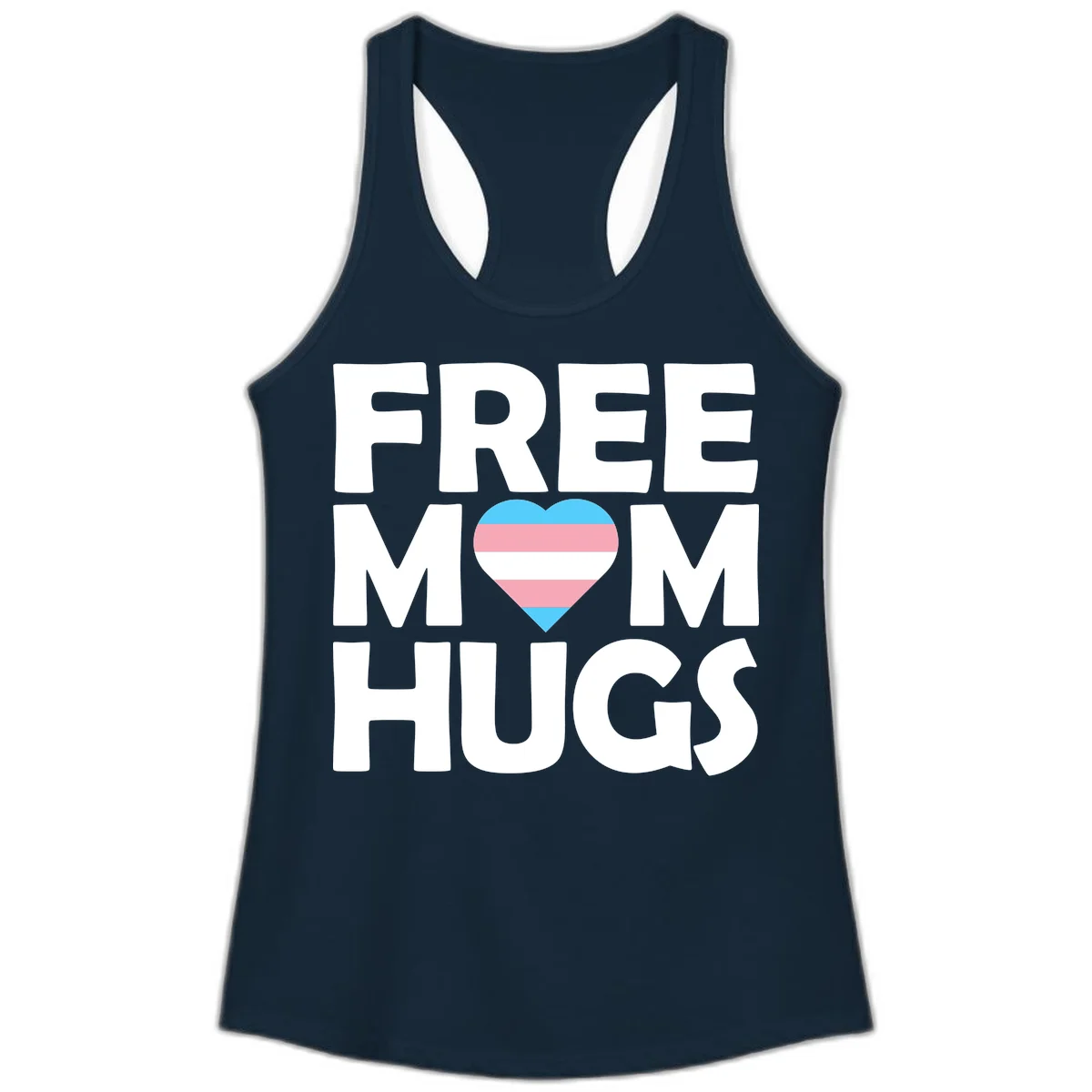 Free mom hugs pride design with striped heart in trans flag colors (blue, pink, white) and bold block lettering in Solid Midnight Navy