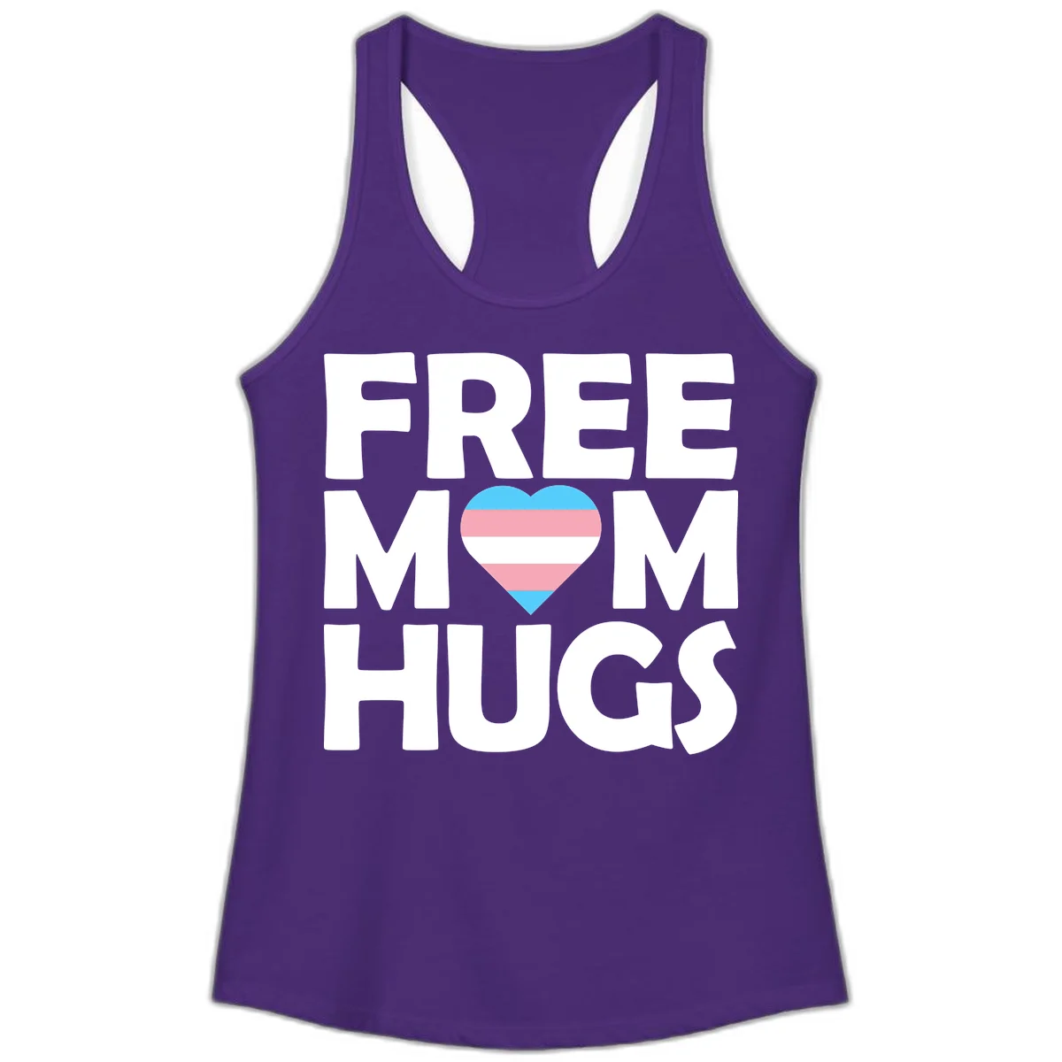 Free mom hugs pride design with striped heart in trans flag colors (blue, pink, white) and bold block lettering in Solid Purple Rush