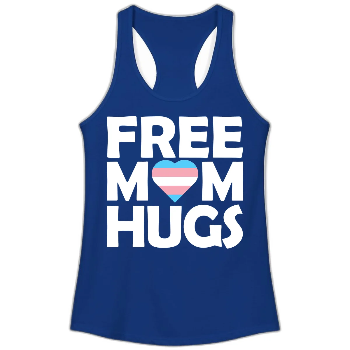 Free mom hugs pride design with striped heart in trans flag colors (blue, pink, white) and bold block lettering in Solid Royal