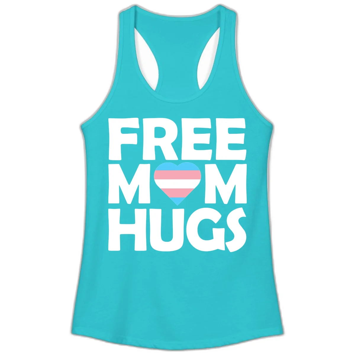 Free mom hugs pride design with striped heart in trans flag colors (blue, pink, white) and bold block lettering in Solid Tahiti Blue