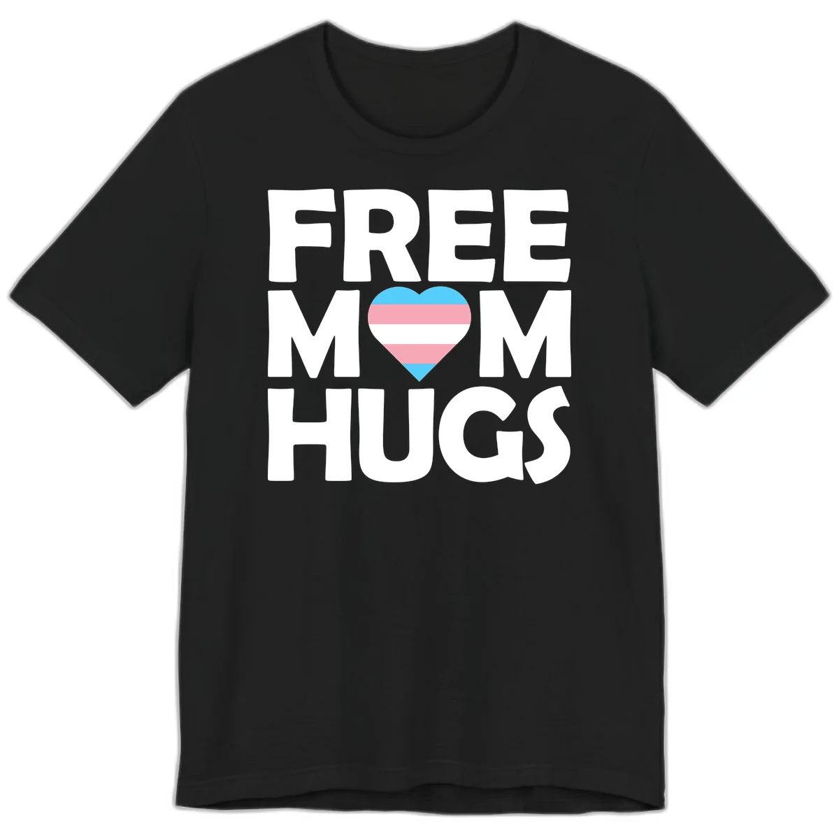 Free mom hugs pride design with striped heart in trans flag colors (blue, pink, white) and bold block lettering in Black