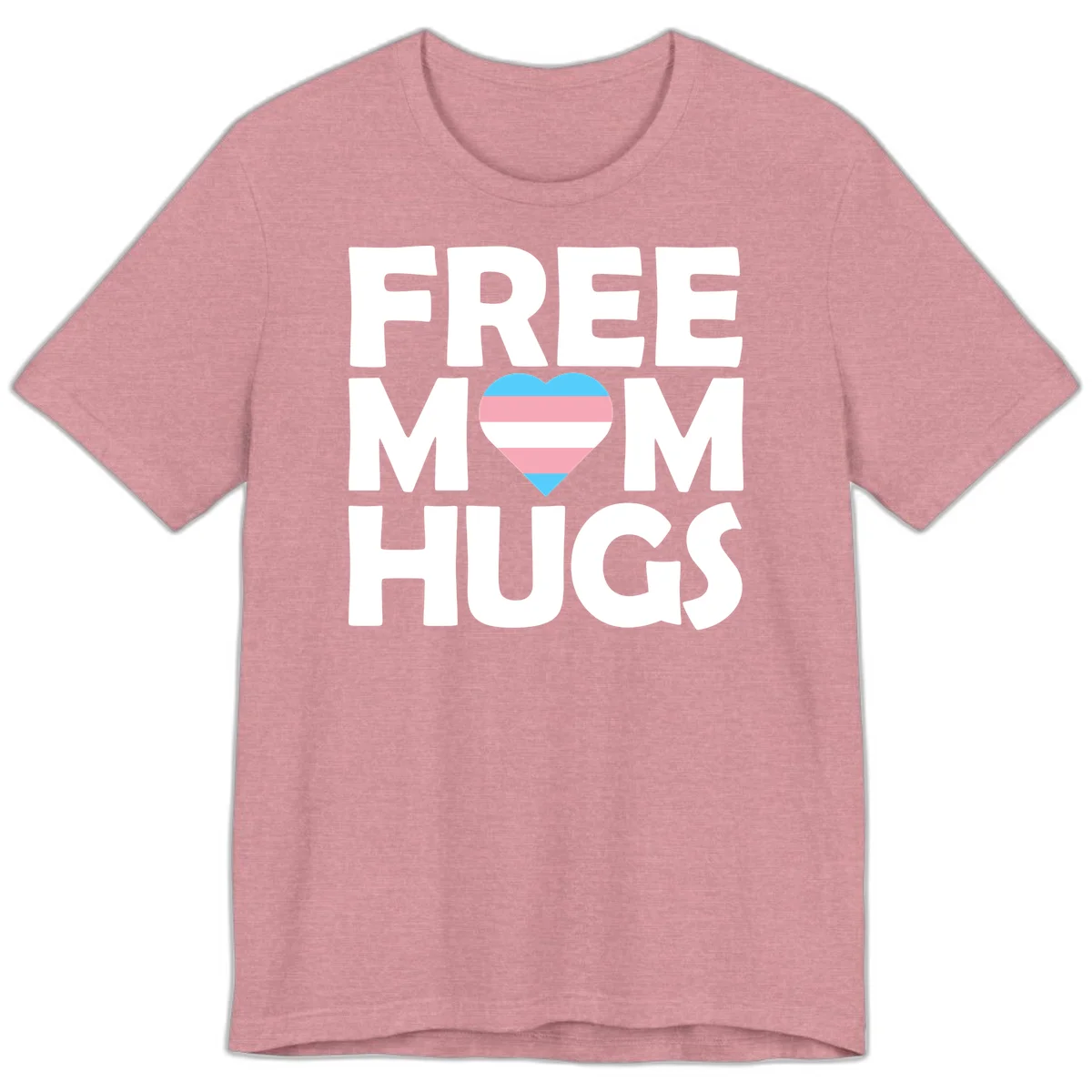 Free mom hugs pride design with striped heart in trans flag colors (blue, pink, white) and bold block lettering in Heather Orchid