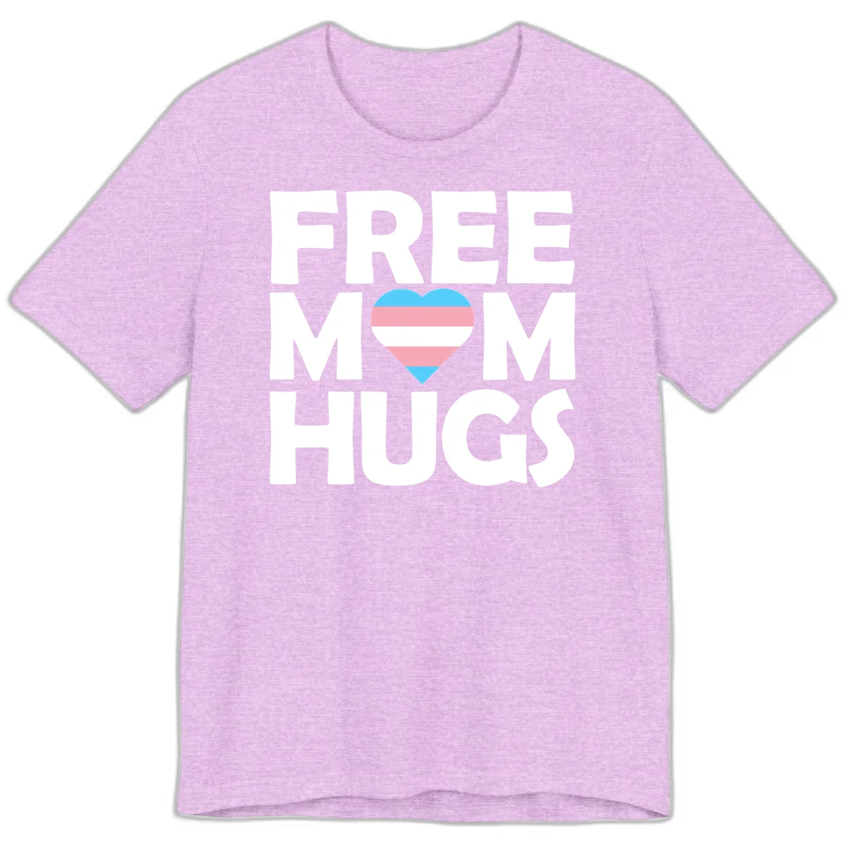 Free mom hugs pride design with striped heart in trans flag colors (blue, pink, white) and bold block lettering in Heather Prism Lilac
