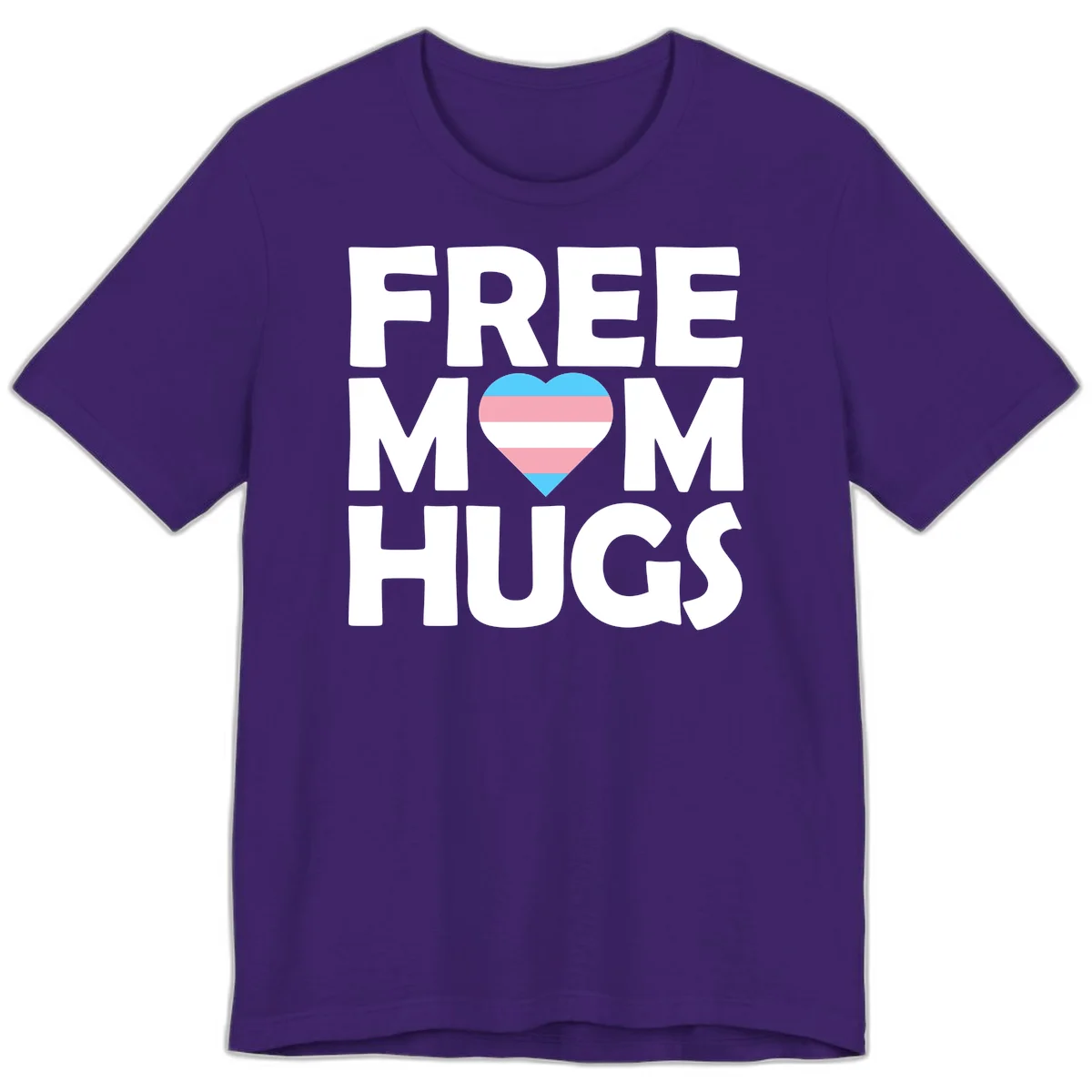 Free mom hugs pride design with striped heart in trans flag colors (blue, pink, white) and bold block lettering in Team Purple
