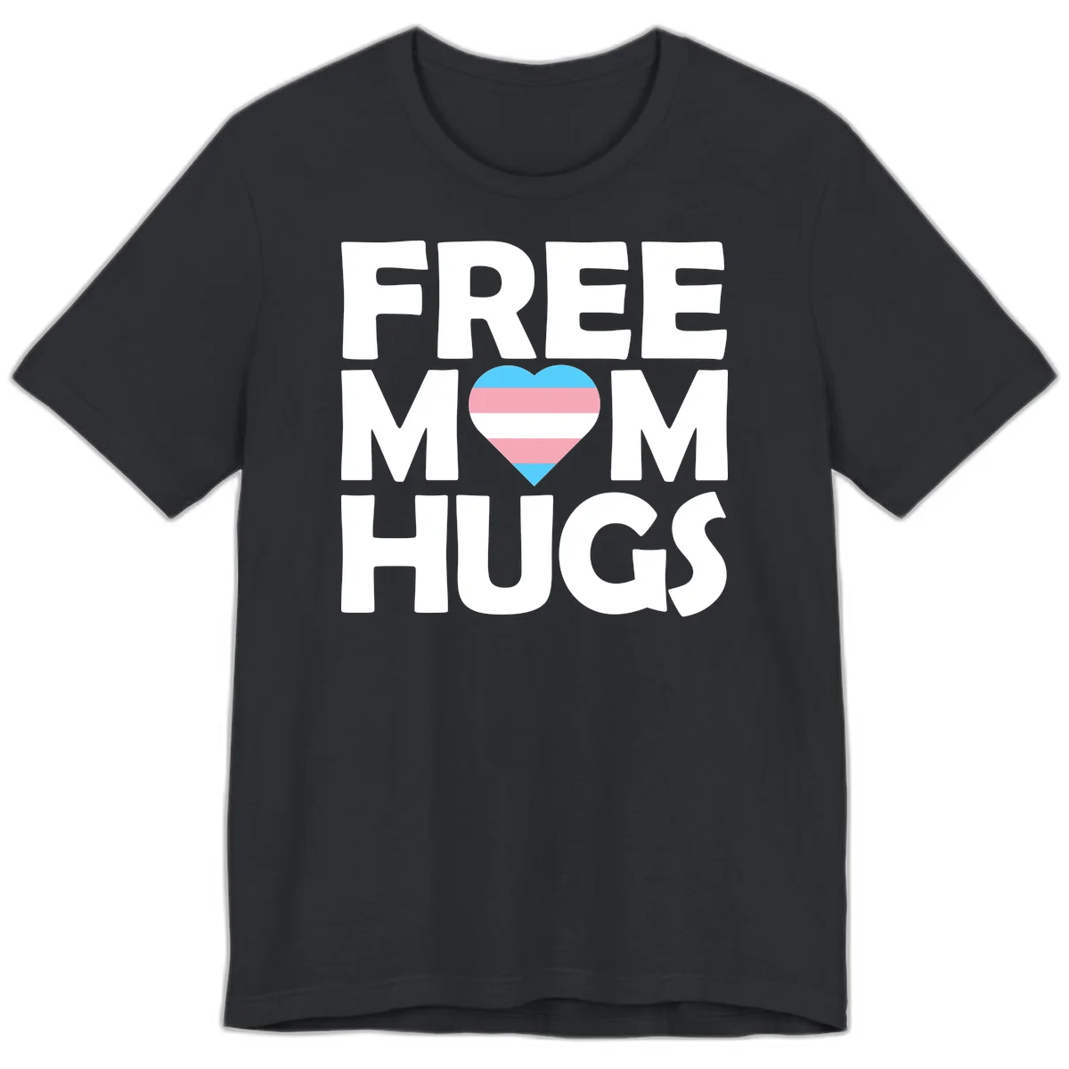 Free mom hugs pride design with striped heart in trans flag colors (blue, pink, white) and bold block lettering in Vintage Black