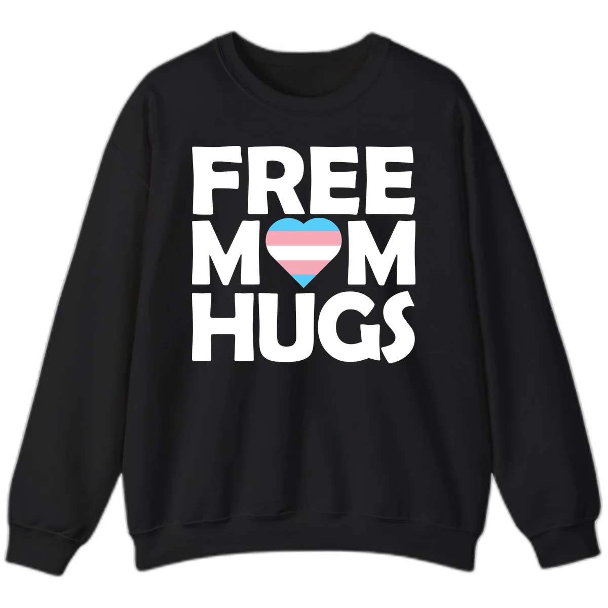 Free mom hugs pride design with striped heart in trans flag colors (blue, pink, white) and bold block lettering in Black