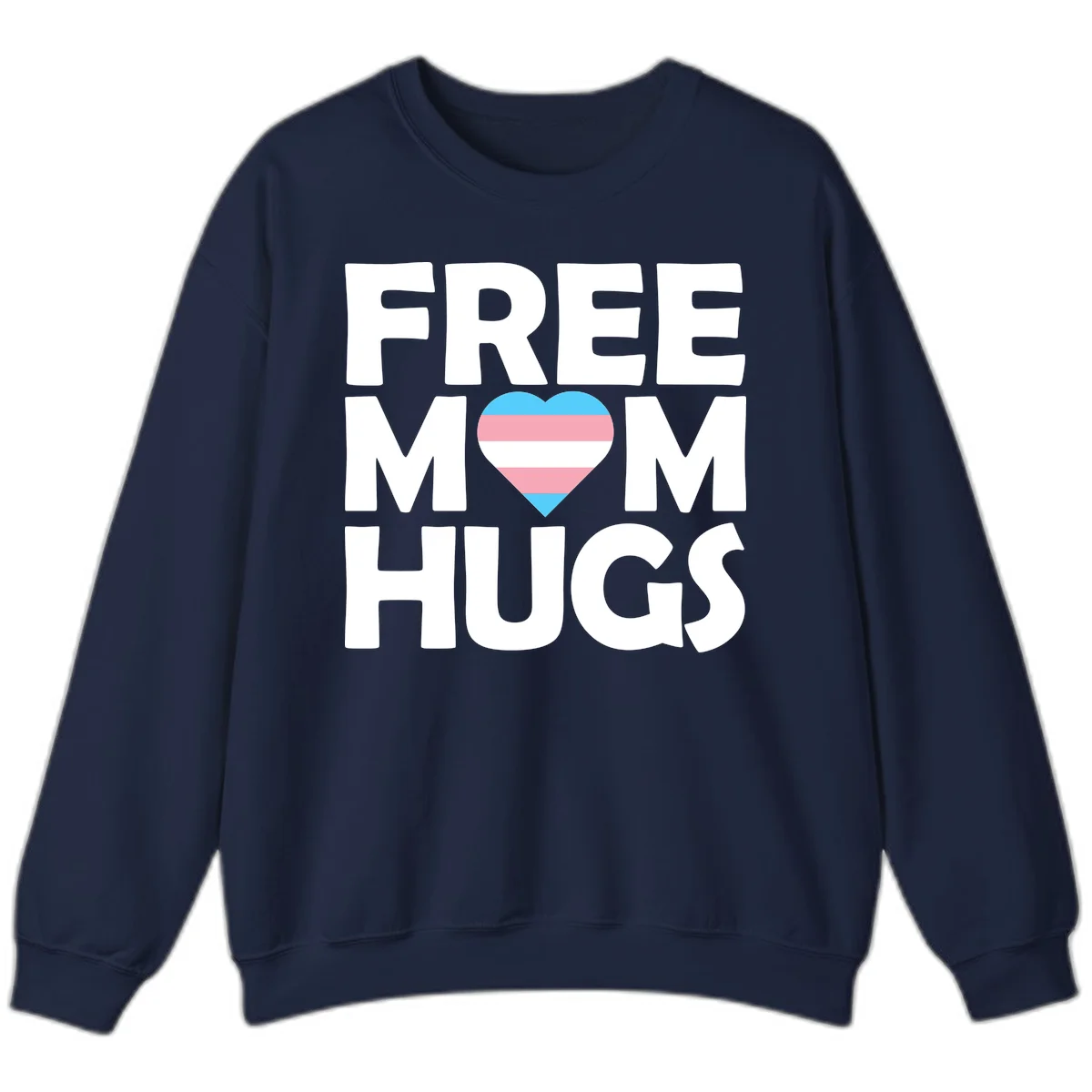 Free mom hugs pride design with striped heart in trans flag colors (blue, pink, white) and bold block lettering in Navy