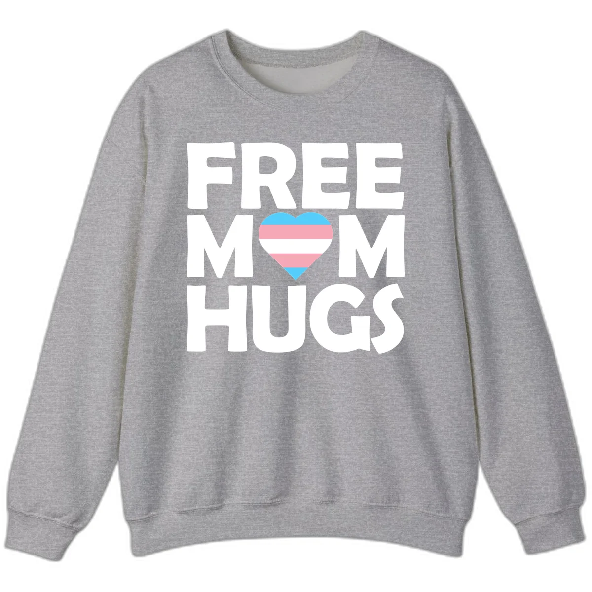 Free mom hugs pride design with striped heart in trans flag colors (blue, pink, white) and bold block lettering in Sport Grey