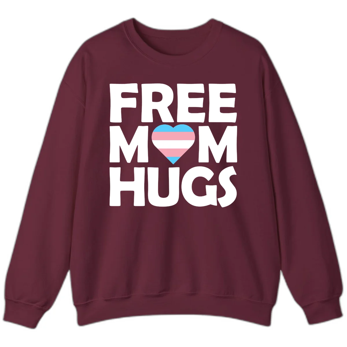 Free mom hugs pride design with striped heart in trans flag colors (blue, pink, white) and bold block lettering in Maroon