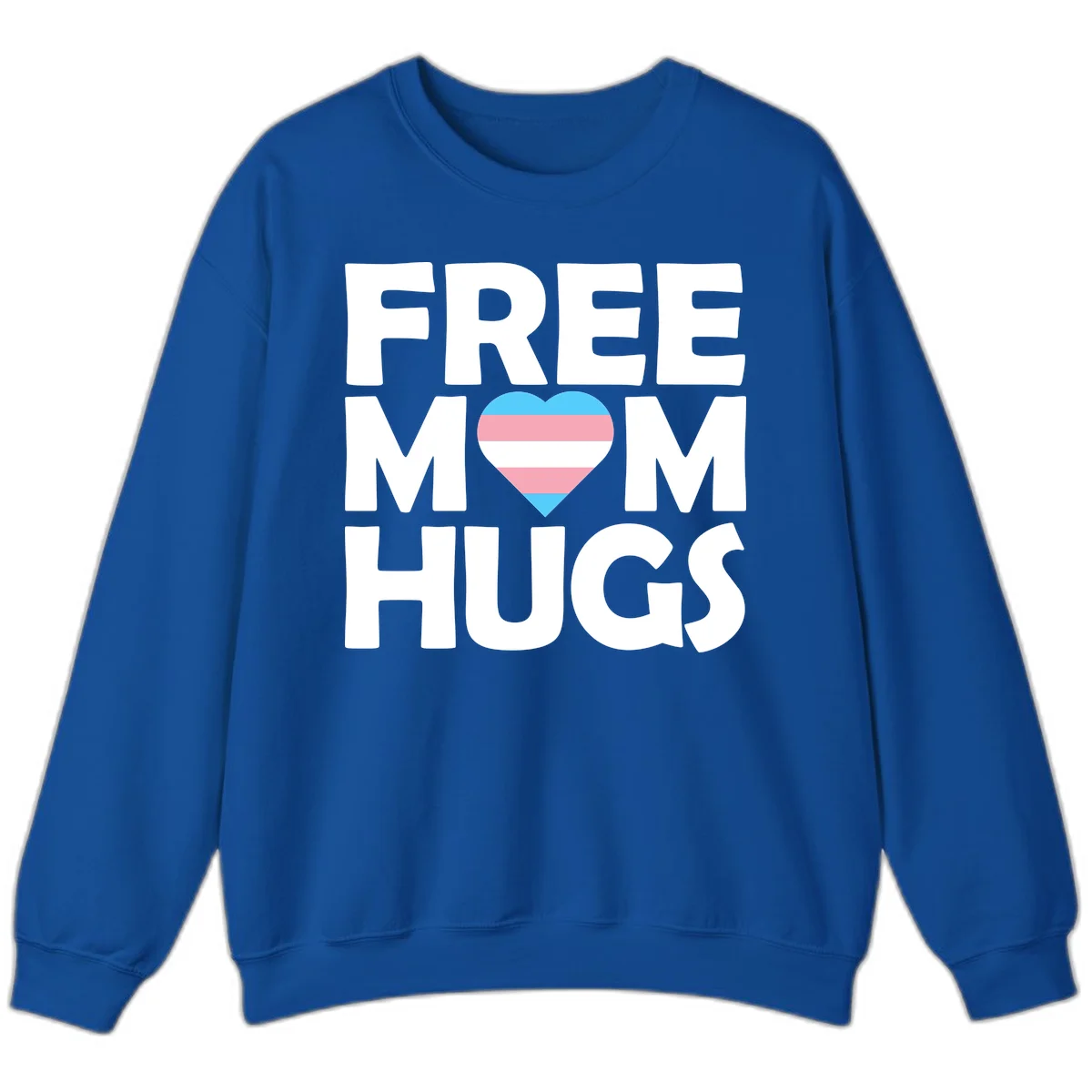 Free mom hugs pride design with striped heart in trans flag colors (blue, pink, white) and bold block lettering in Royal