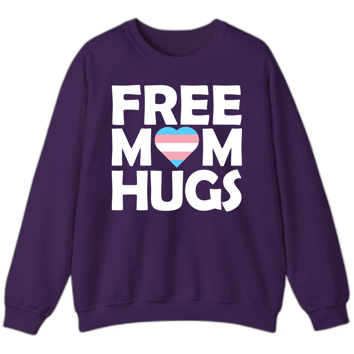 Free mom hugs pride design with striped heart in trans flag colors (blue, pink, white) and bold block lettering in Purple