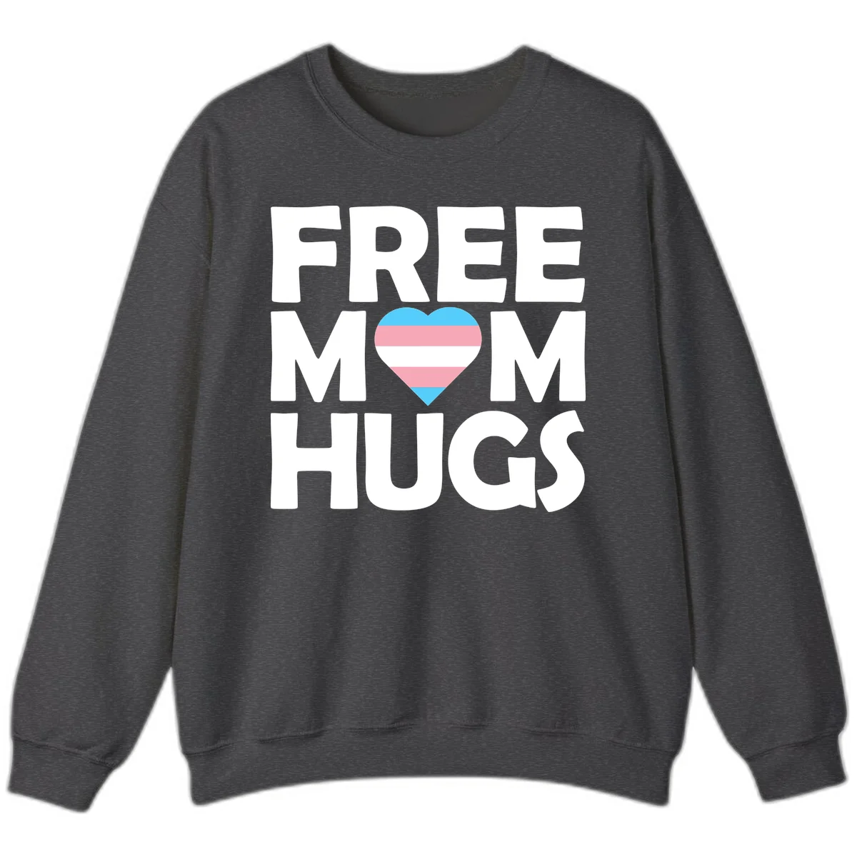 Free mom hugs pride design with striped heart in trans flag colors (blue, pink, white) and bold block lettering in Dark Heather