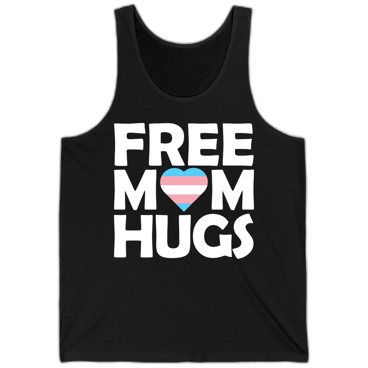 Free mom hugs pride design with striped heart in trans flag colors (blue, pink, white) and bold block lettering in Black