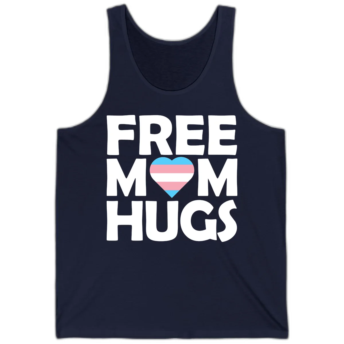 Free mom hugs pride design with striped heart in trans flag colors (blue, pink, white) and bold block lettering in Navy