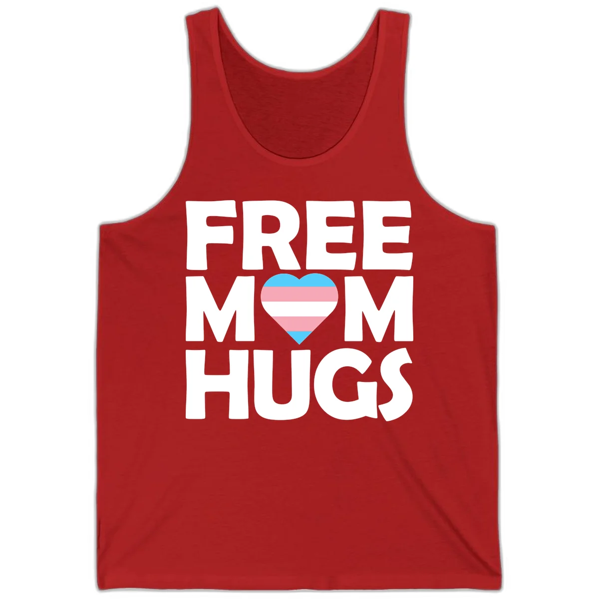 Free mom hugs pride design with striped heart in trans flag colors (blue, pink, white) and bold block lettering in Red