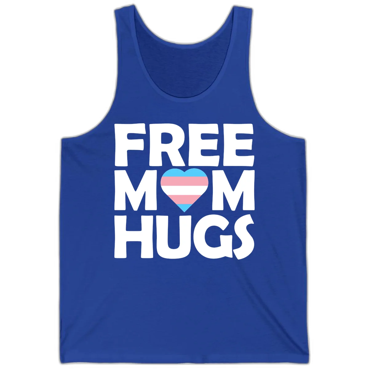 Free mom hugs pride design with striped heart in trans flag colors (blue, pink, white) and bold block lettering in True Royal