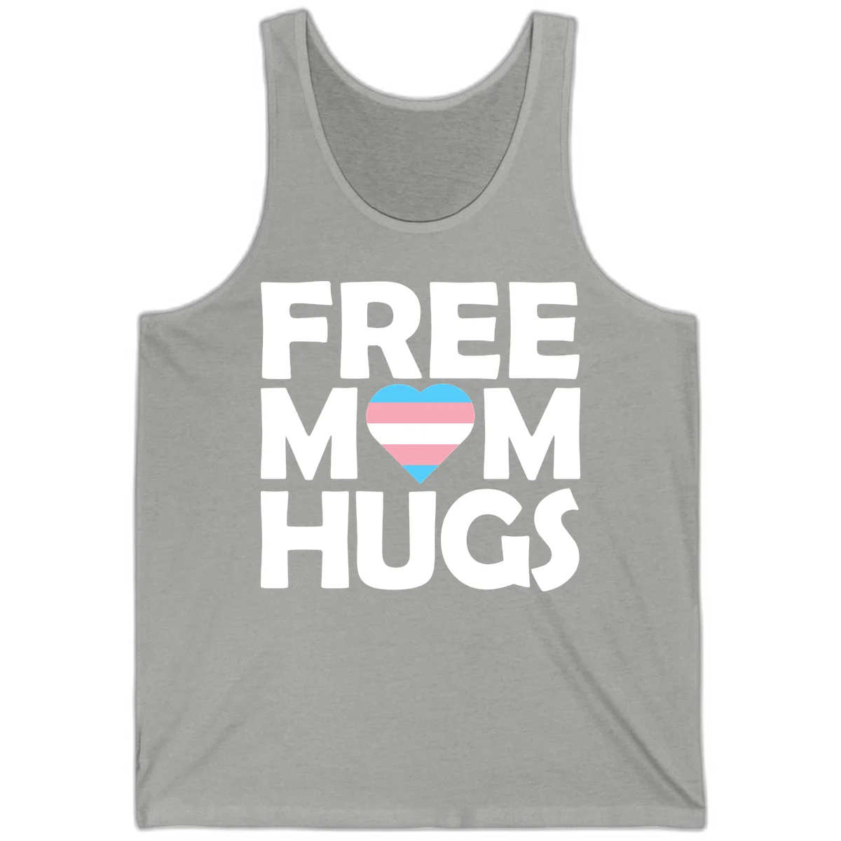 Free mom hugs pride design with striped heart in trans flag colors (blue, pink, white) and bold block lettering in Athletic Heather