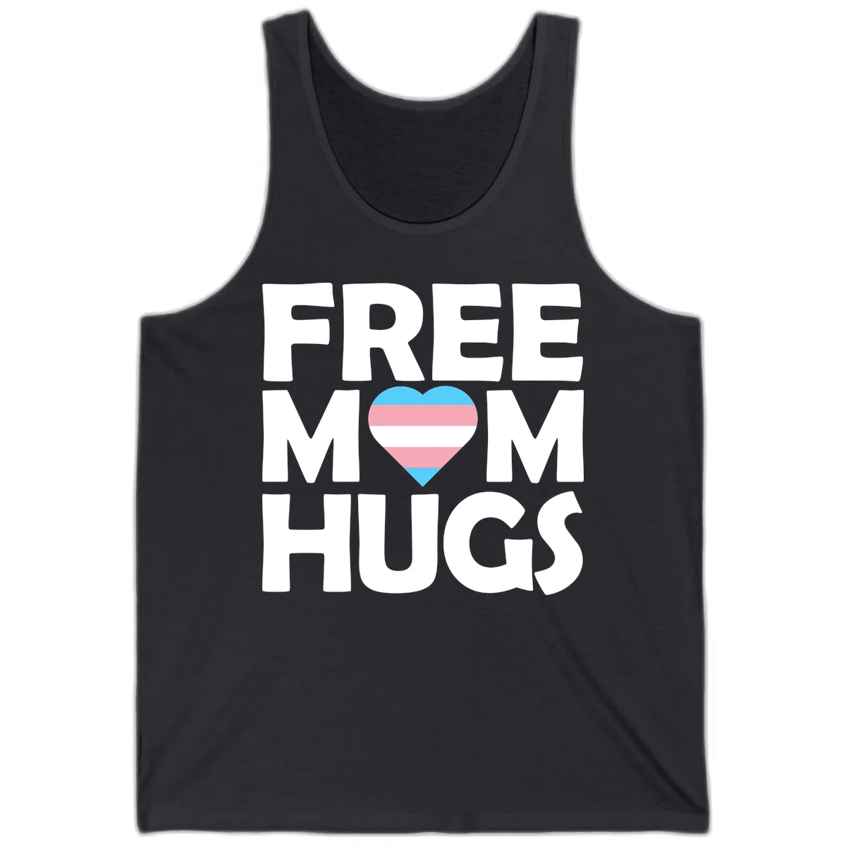 Free mom hugs pride design with striped heart in trans flag colors (blue, pink, white) and bold block lettering in Dark Grey