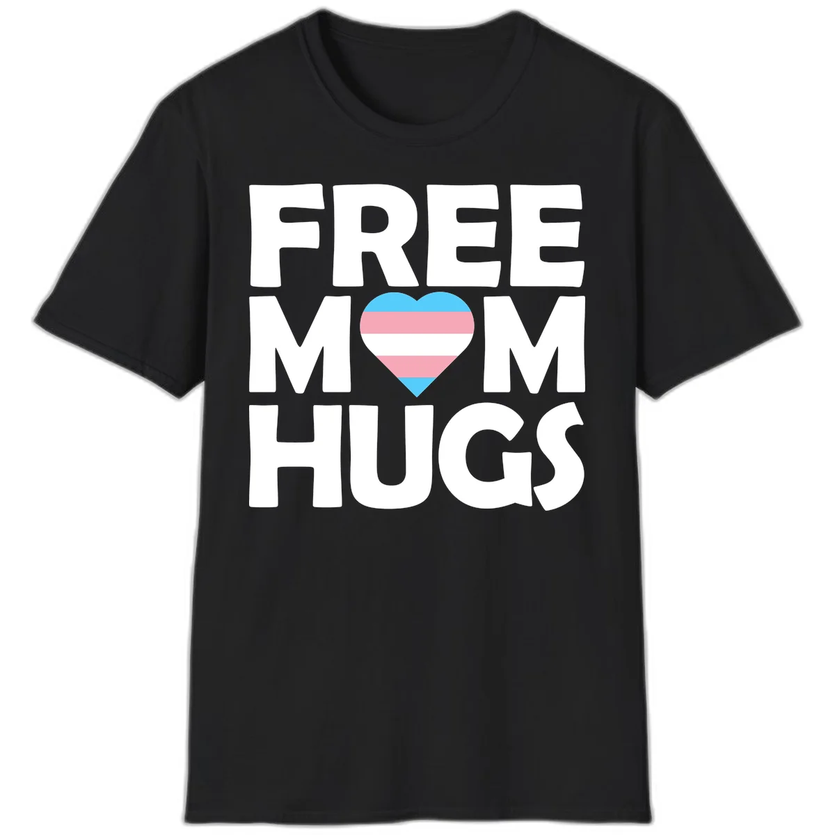 Free mom hugs pride design with striped heart in trans flag colors (blue, pink, white) and bold block lettering in Black