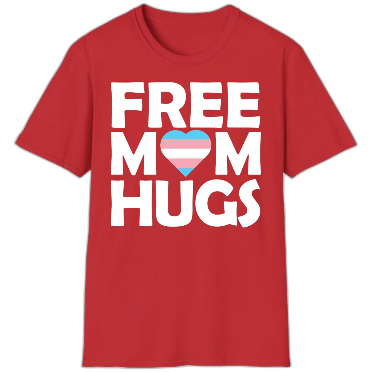 Free mom hugs pride design with striped heart in trans flag colors (blue, pink, white) and bold block lettering in Red
