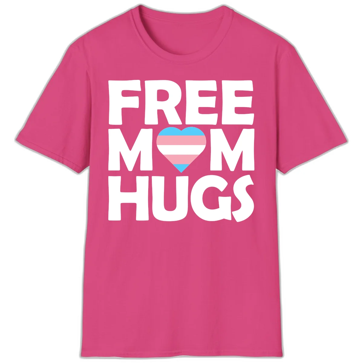 Free mom hugs pride design with striped heart in trans flag colors (blue, pink, white) and bold block lettering in Heliconia