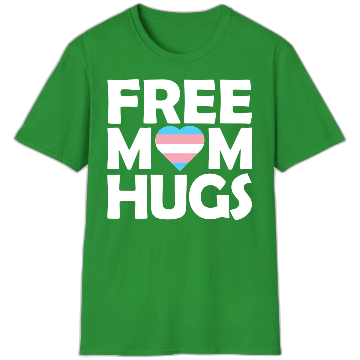 Free mom hugs pride design with striped heart in trans flag colors (blue, pink, white) and bold block lettering in Irish Green