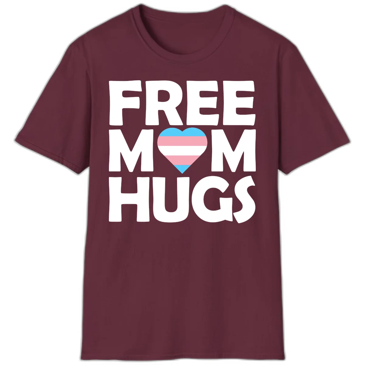 Free mom hugs pride design with striped heart in trans flag colors (blue, pink, white) and bold block lettering in Maroon