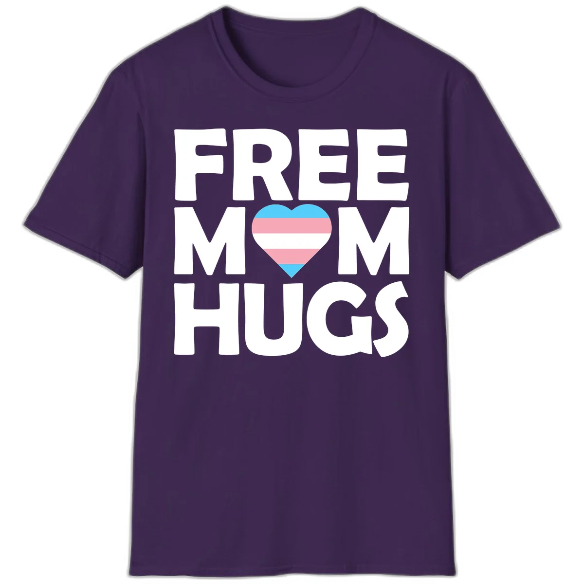 Free mom hugs pride design with striped heart in trans flag colors (blue, pink, white) and bold block lettering in Purple
