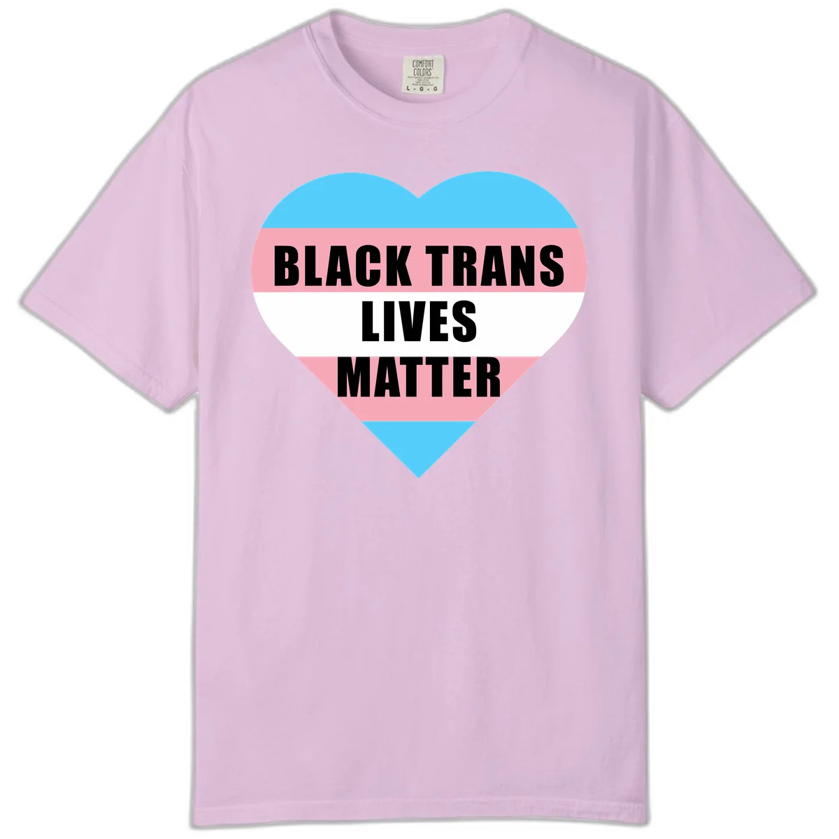 Heart-shaped design with trans flag stripes (blue, pink, white) and bold text reading 'BLACK TRANS LIVES MATTER' in Orchid
