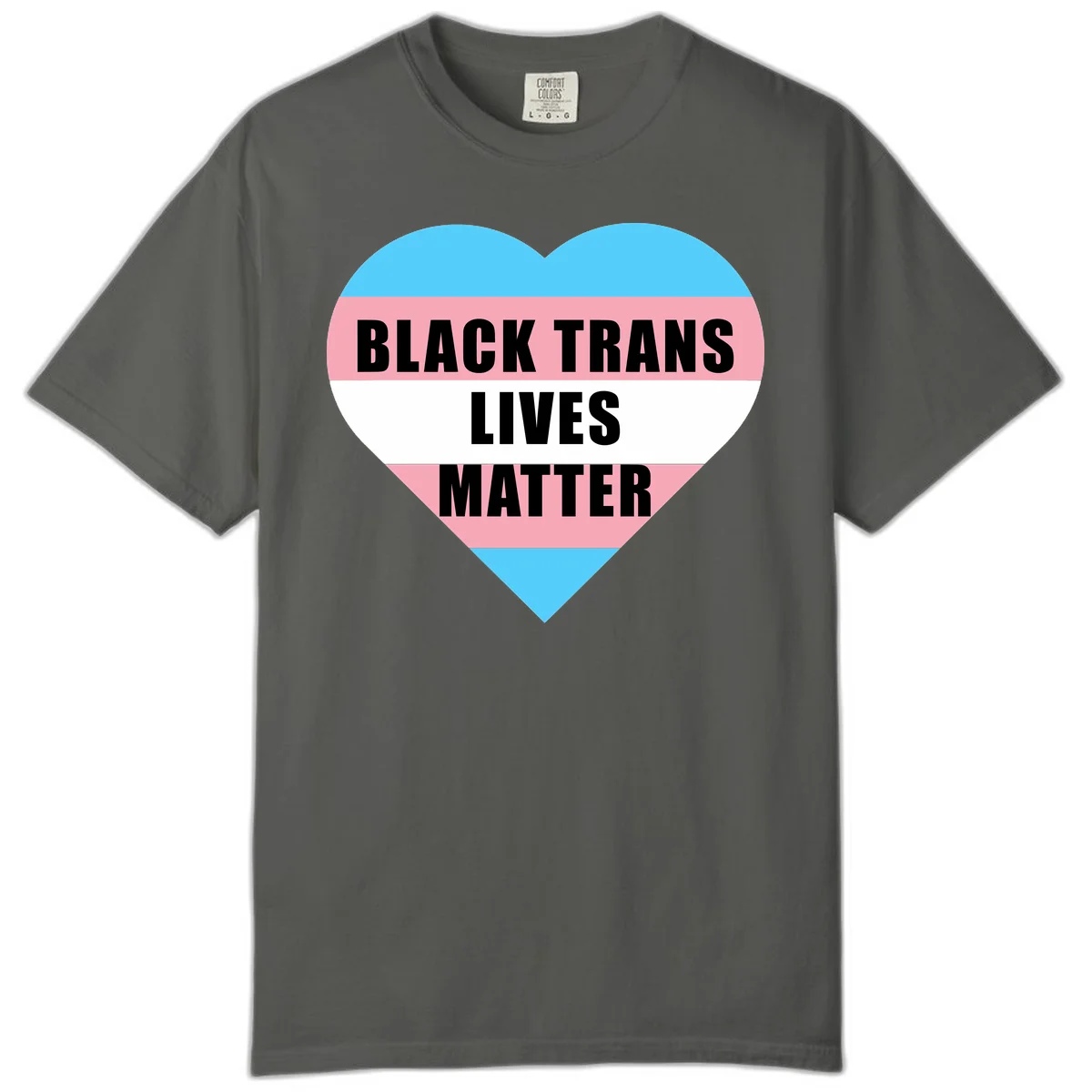 Heart-shaped design with trans flag stripes (blue, pink, white) and bold text reading 'BLACK TRANS LIVES MATTER' in Pepper