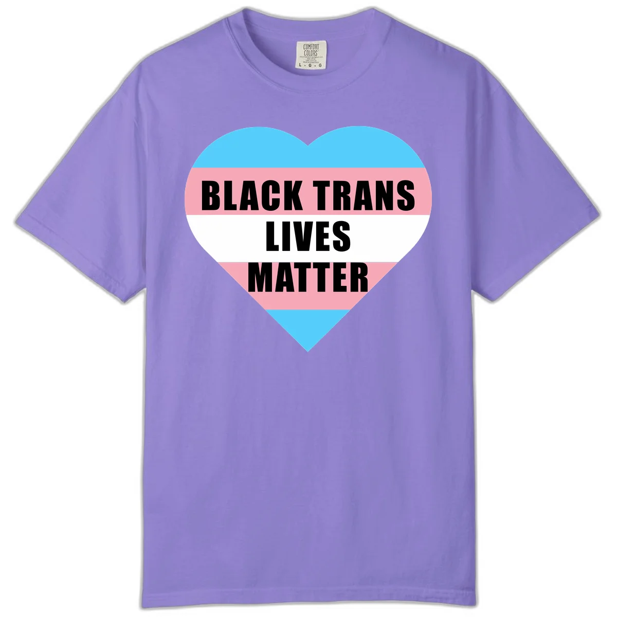 Heart-shaped design with trans flag stripes (blue, pink, white) and bold text reading 'BLACK TRANS LIVES MATTER' in Violet